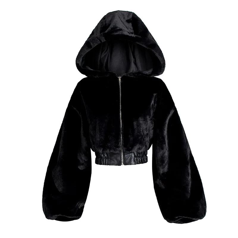 Furry Cropped Faux Fur Coats and Jackets Women Fluffy Top Coat with Hooded Winter Fur Jacket