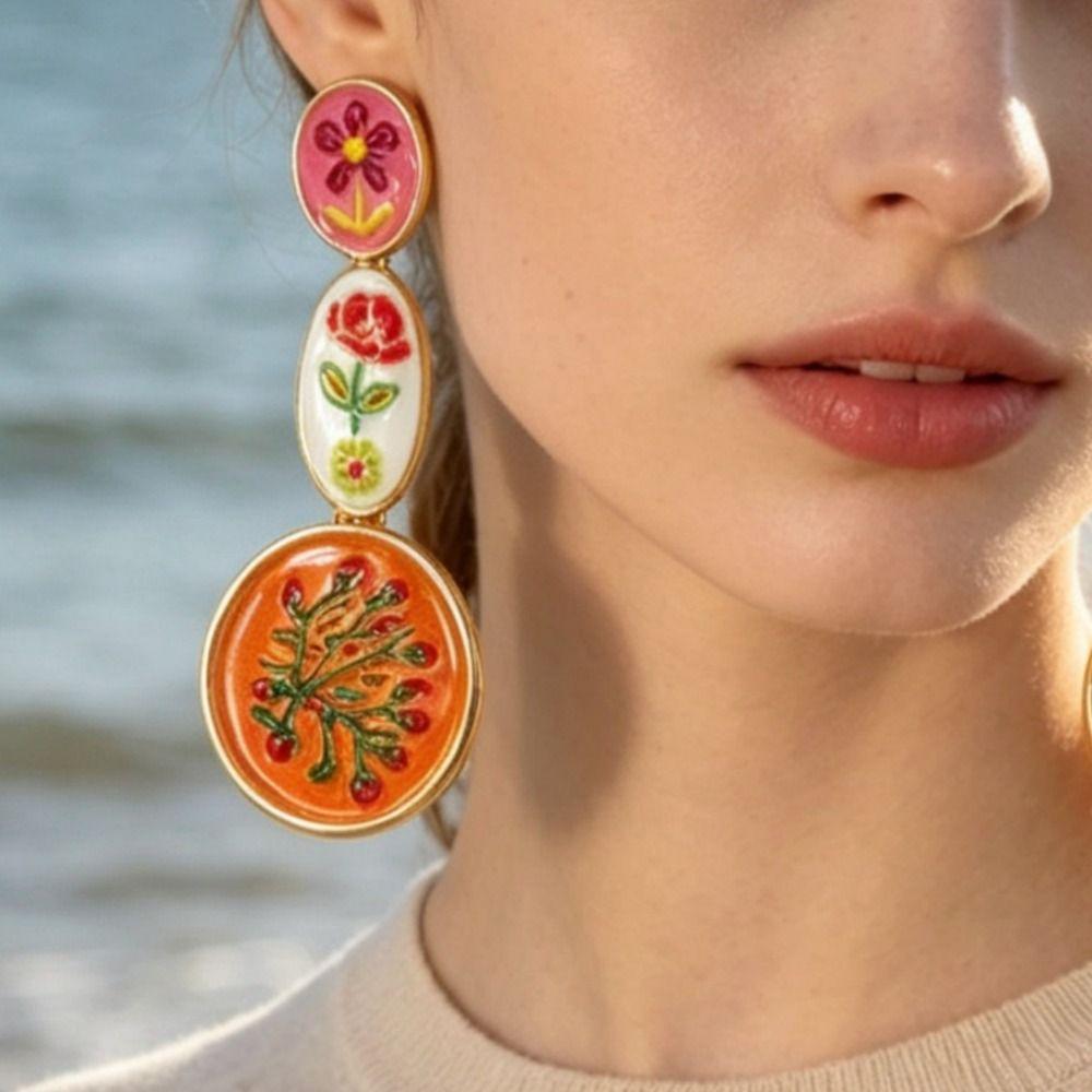 Charm Asymmetrical Enamel Dangle Earrings Flower Bohemian Dangle Earring  Women