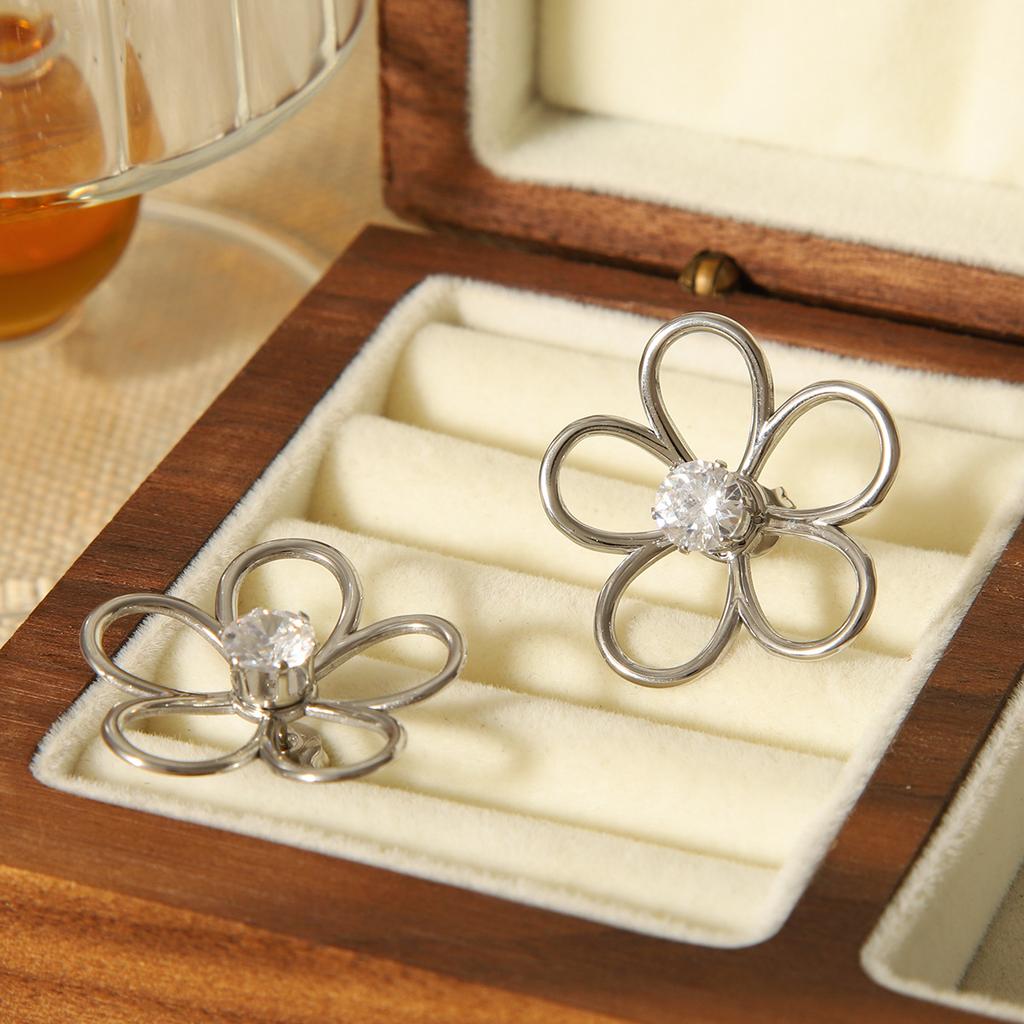 Light Luxury Minimalist Hollow-out Flower Stud Earrings with Zircon Inlay, Designer Ear Jewelry, Titanium Steel Accessories