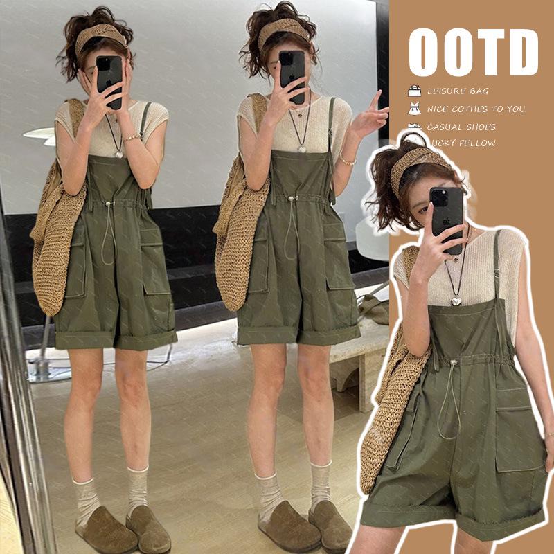 

Maternity Summer Casual Drawstring Waist Shorts Overalls: Elegant Age-Reducing Two-Piece Set Large