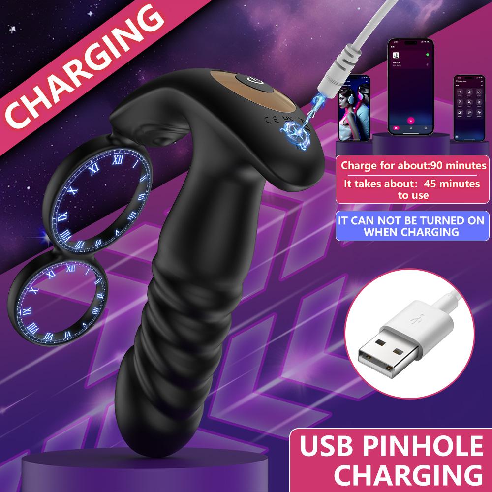 Prostate Massager for Men Male Thrusting Vibrator with APP Control Delayed Ejaculation Double Cork Ring Butt Plug Adult Sex Toy