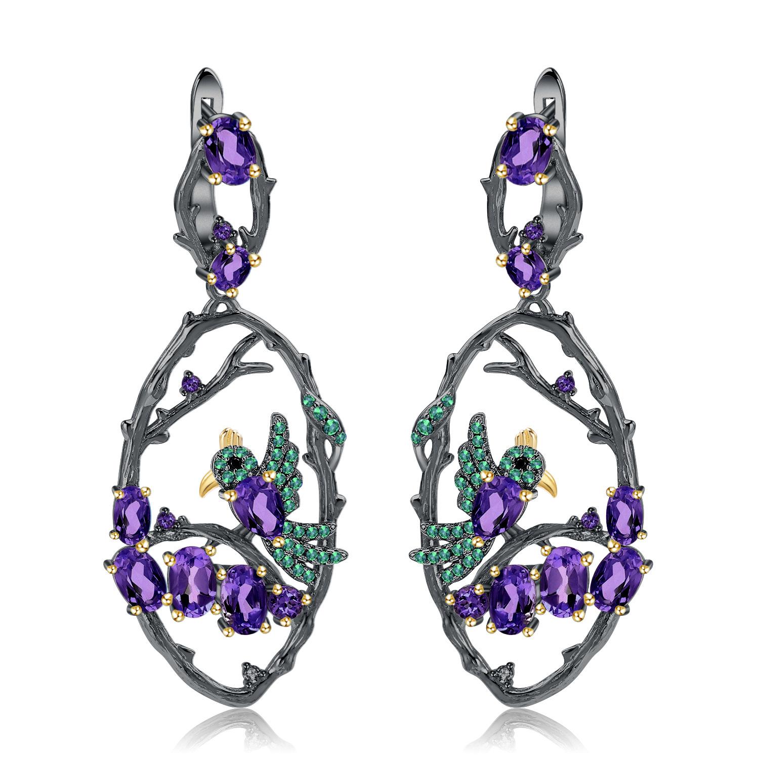 Оригинальные дизайнерские серьги. Серьги «Птицы в кустах» в китайском стиле из серебра 925 пробы с натуральными драгоценными камнями.