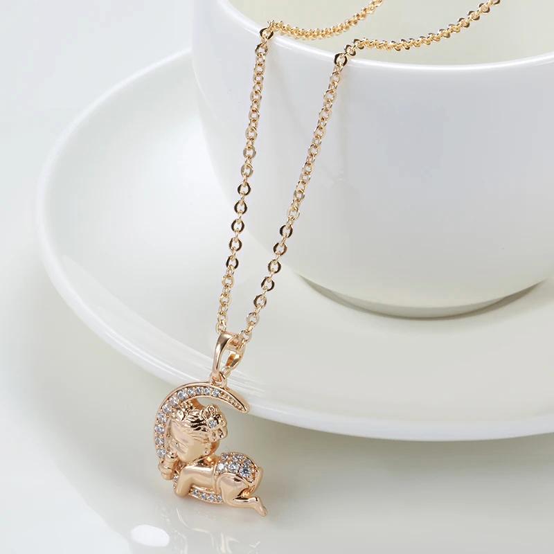 Rose Gold Color Moon Baby Pendant Necklace For Women Fashion Natural Zircon Pendant Child Jewelry Crystal Gift