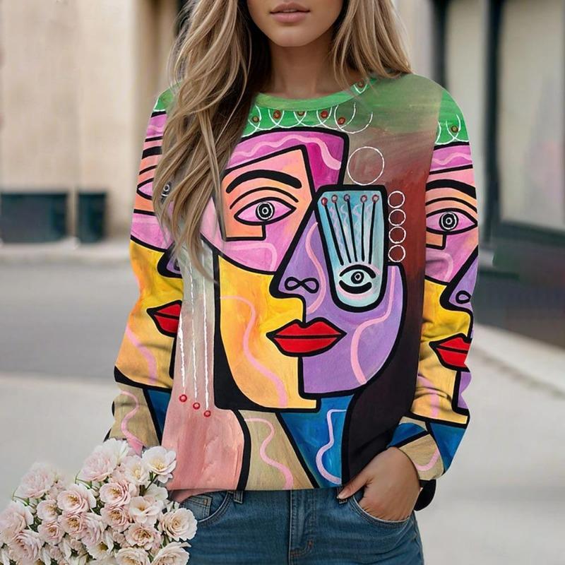Abstract Art Pattern Print Women's T-Shirt Long Sleeve Autumn O Neck Lady Clothes Tops Oversized Harajuku Streetwear Female Tees