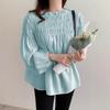 Camicetta da Donna in Chiffon con Pieghe, Maniche a Sbuffo e Scollo Tondo - Stile Giapponese & Coreano, Primavera/Autunno, Design Off-the-Shoulder