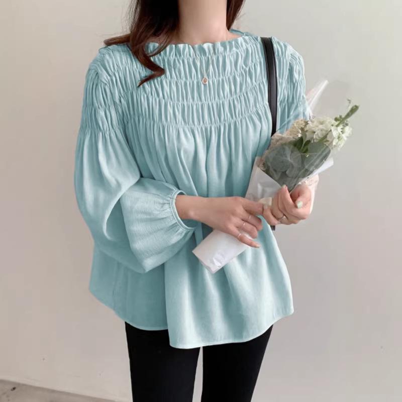 Camicetta da Donna in Chiffon con Pieghe, Maniche a Sbuffo e Scollo Tondo - Stile Giapponese & Coreano, Primavera/Autunno, Design Off-the-Shoulder