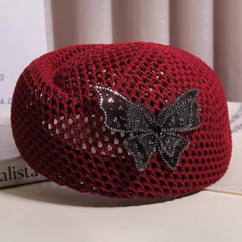 French Elegant Rhinestone Butterfly Hollow Beret Women's Summer Korean Style Versatile Painter Hat Fashion Accessory
