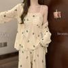 Hot-Selling 2024 Women's Long Sleeve Floral Pajama Set - Sexy Spring & Autumn Three-Piece with Chest Pads