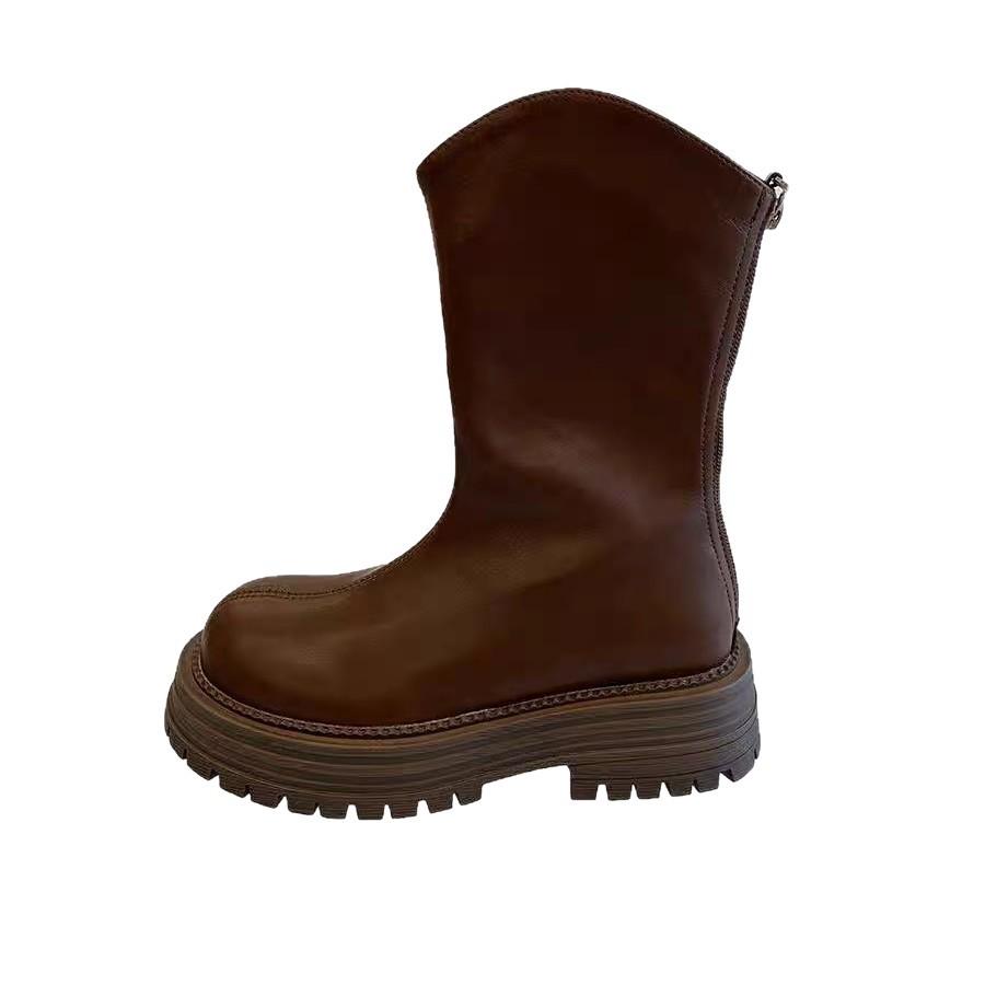 Soft leather retro brown platform Martin boots women's autumn and winter new medium tube thin boots Chelsea boots short boots