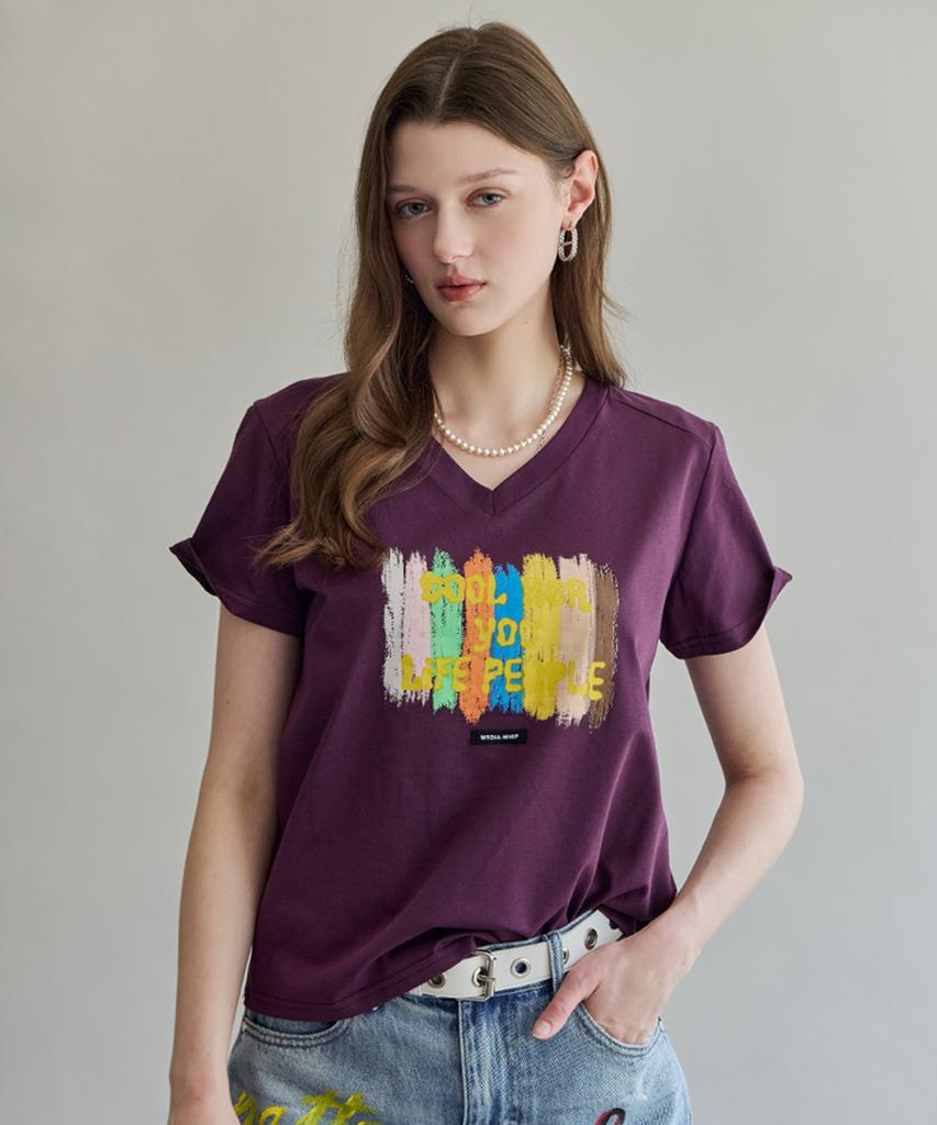 MAXZA Color Brush Lettering V-Neck Short Sleeve T-Shirt