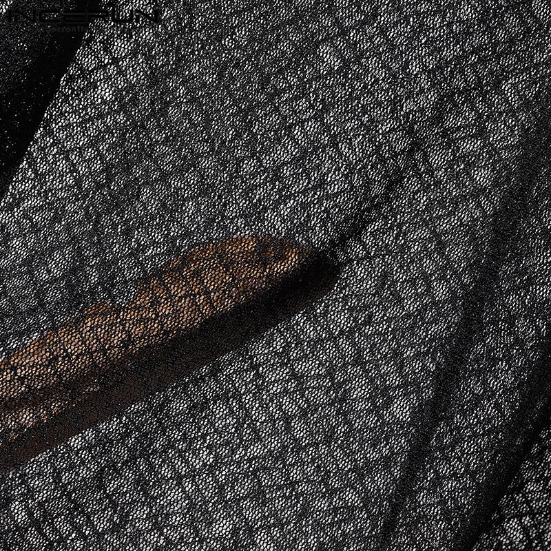 INCERUN Pánská krajková trička s dlouhým rukávem Síťovina Průhledná klopa Potisk krku Průhledné topy