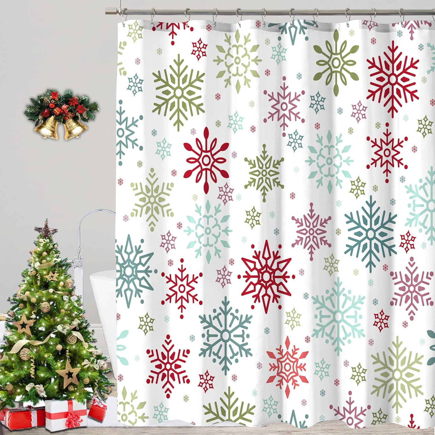 

Red Christmas Shower Curtains For Bathroom, Xmas Funny Glitter Sparkle Snowflakes Gift Winter Holiday Fabric Bath Curtain Home W60H190(CM)-1 Pcs