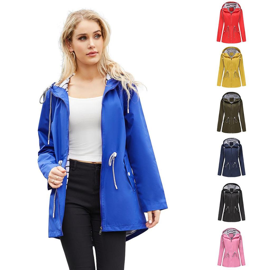 Long-sleeved Splash-proof Long Windbreaker for Women with Hood and Stripes Plus Size