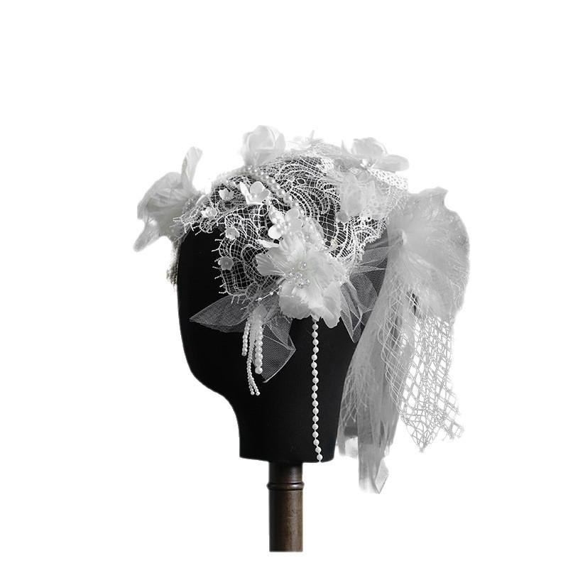 French Lace Floral Beaded Bridal Veil Hat for Photography and Weddings