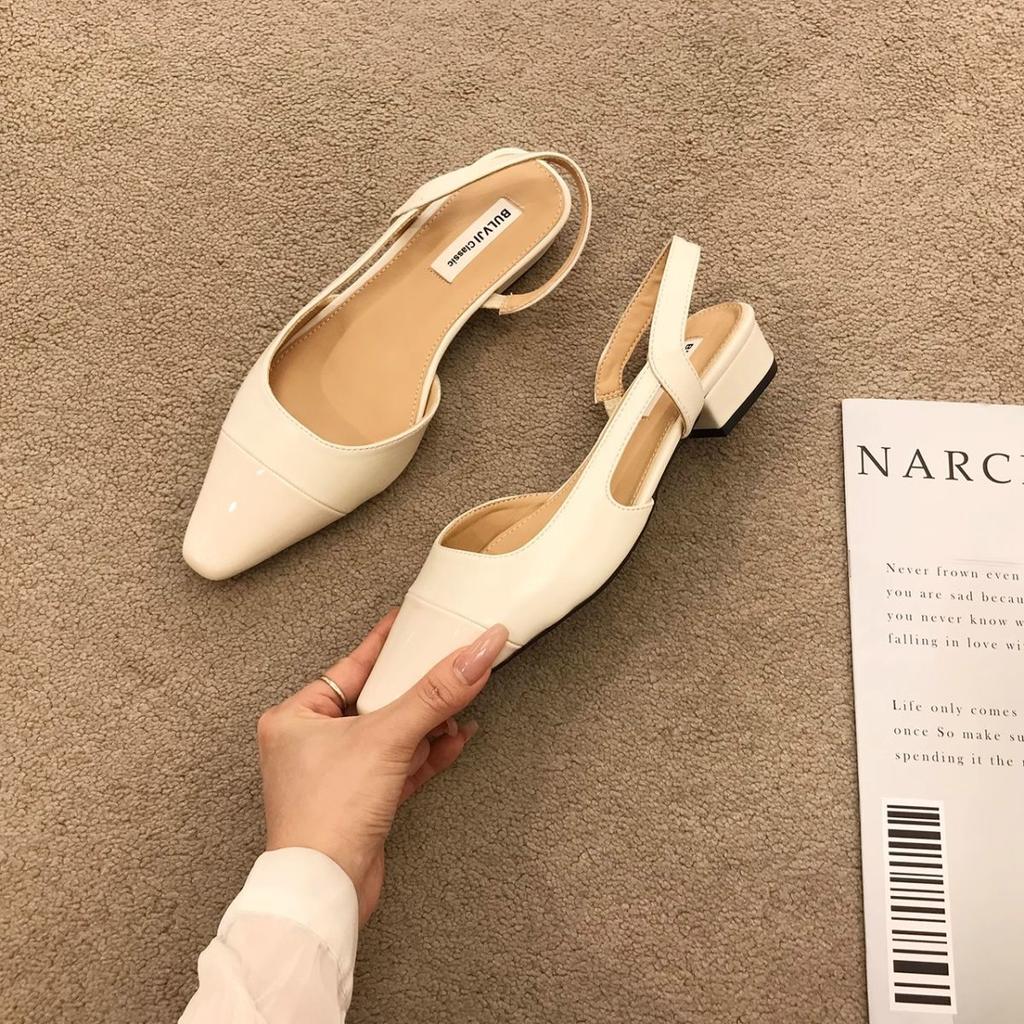 Low-heeled bag head sandals women's French gentle evening nude pointed head small fragrant style lady thick heel empty temperament single shoes