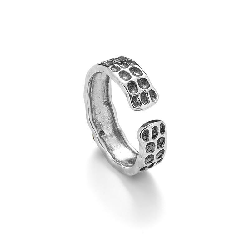 Adjustable Open Ring Men Women Vintage Feather Design Sterling Hammered Texture Geometric Band