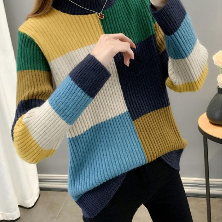 Fall Winter Women's Crew Neck Sweater Loose Contrast Knit Sweater Long Sleeve Pullover Knit Jumper Top