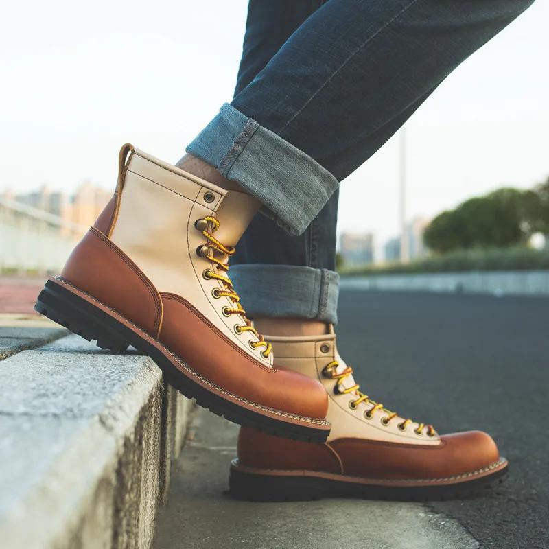 

2024 г. Высокие ботинки из натуральной кожи, мужская кожаная обувь, модные мужские ботильоны для мотоциклистов, мужская обувь, зимние ковбойские сапоги на шнуровке 42 светло-коричневого