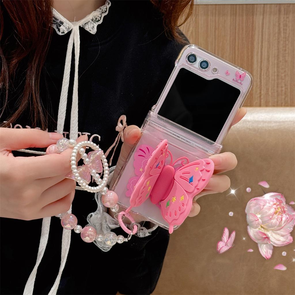 Korean Cute Transparent Pink 3D Butterfly Holder Phone Case for Samsung Galaxy Z Flip3 5G Z Flip5 Flip4 Back Protection Cover