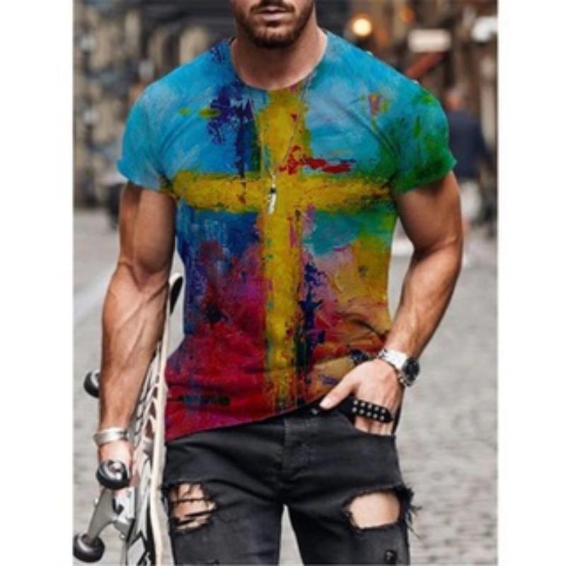 Men's T-shirt with Cross Print Round Neck Short Sleeved Street Fashion T-shirt