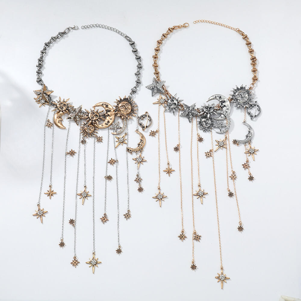 Vintage Metal Stars Moon Tassels Waterfall Pendant Necklaces for Women Men Y2K Hiphop Punk Party Jewelry Neck Accessories