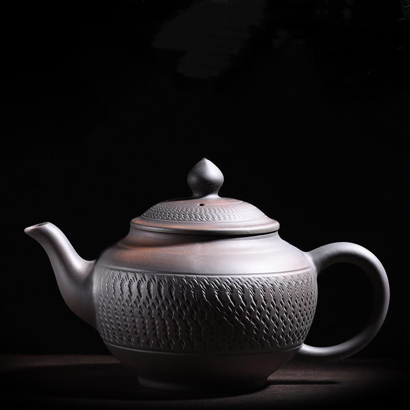 Tetera de cerámica morada, tetera de cerámica, juego de té de kung fu, cuchillo de salto, olla tallada, olla individual hecha a mano