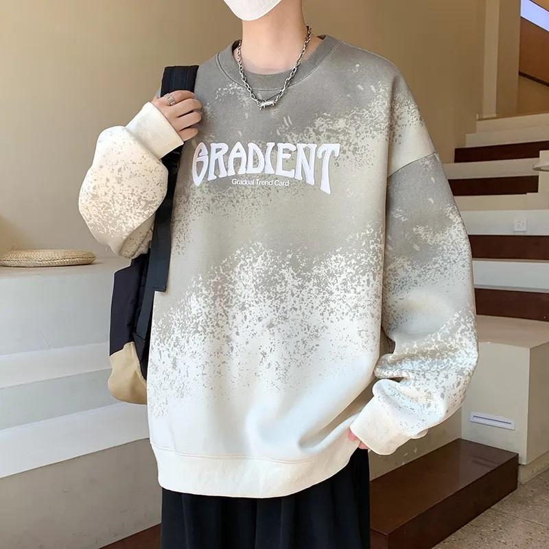 Men s Gradient Spray Print Sweatshirt Crew Neck Oversized Casual Pullover Streetwear Long Sleeve Top 4XL абрикосовый