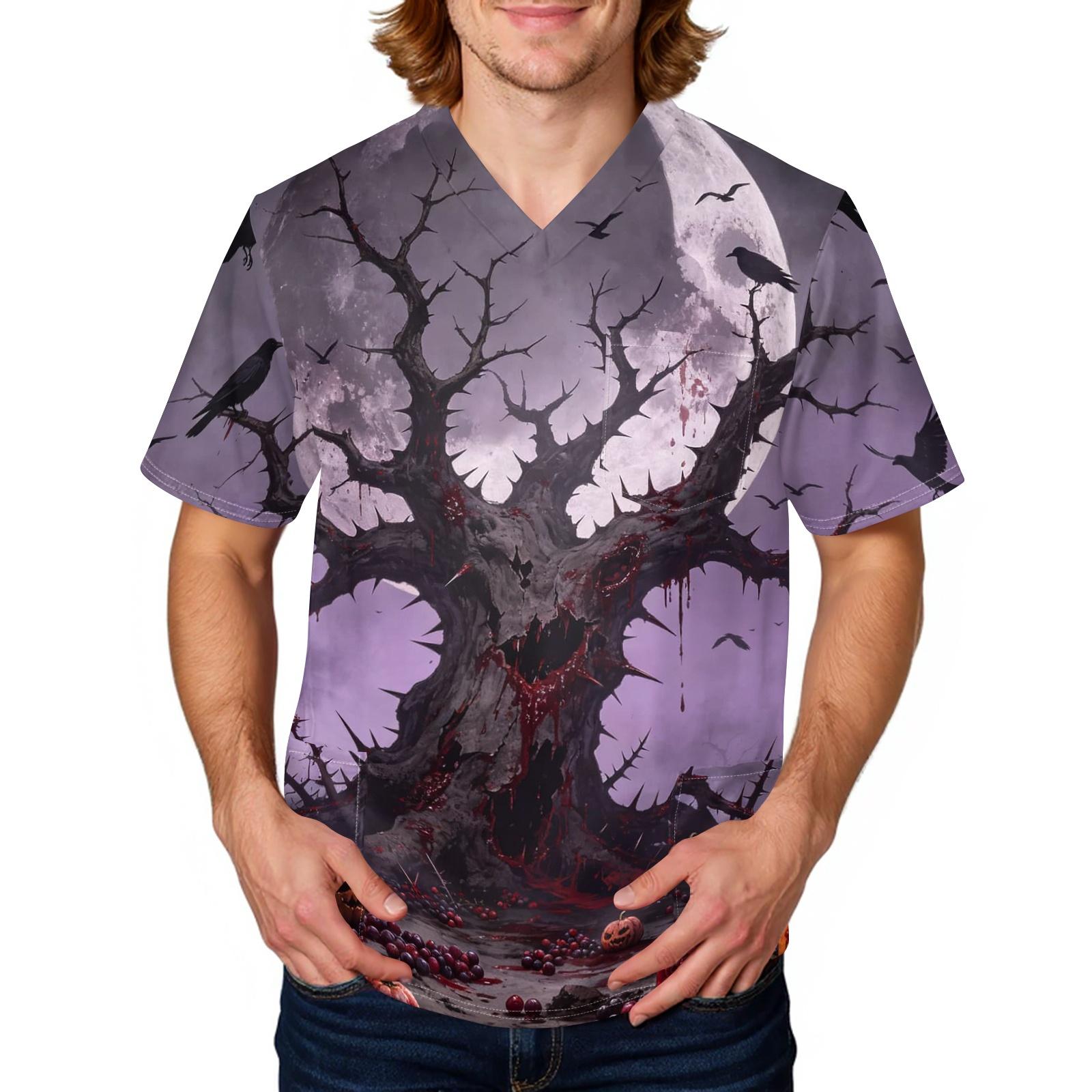 Men s Halloween Print Scrub Top Short Sleeve for Work Uniform S