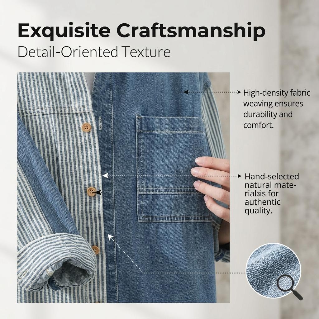 Men'S Denim Color-Block Vertical Stripe Shirt Casual Loose Fit Fashionable Long Sleeve For Spring And Autumn