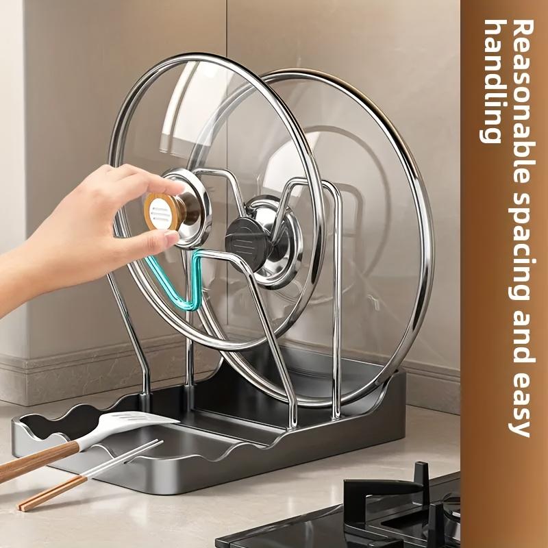 Stainless Steel Pot Lid Shelf with Drainage Tray Kitchen Organizer Storage Rack Utensils Dish Drying Countertop Cabinet Space Saving