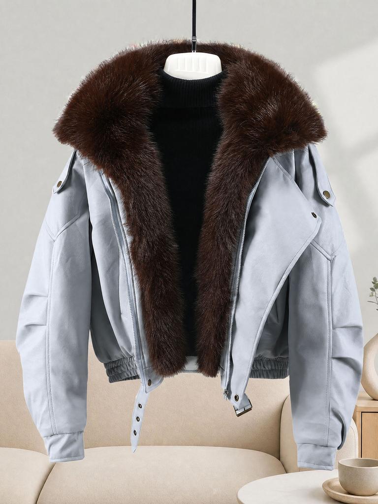 Neue Lederjacke großer Pelzkragen Werkzeug Baumwollkleidung Damen Winter Europäisches und Amerikanisches Design Jacke Verdickt Warmer Baumwollmantel