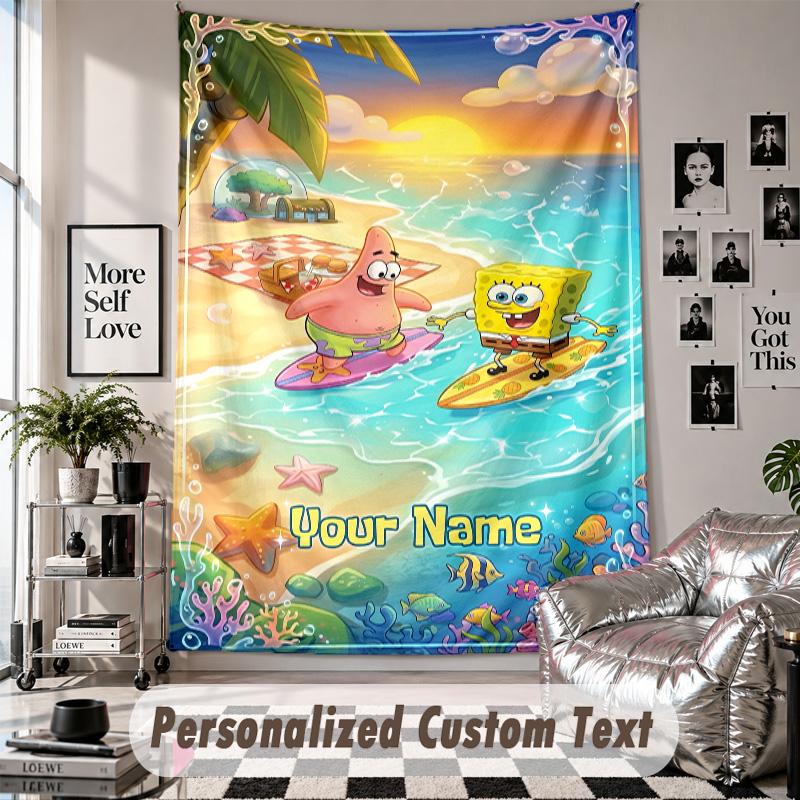 Wall Hanging Tapestry With Custom Name & Text, SpongeBob Decorative Tapestry For Bedroom