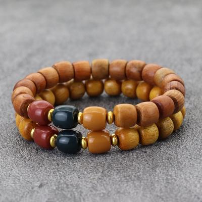 Tricolor Agate Wood Beads Bracelets For Men Women Vintage Barrel Bead Strings Fine Handicrafts Buddha Beads Prayer Wrist Accessories
