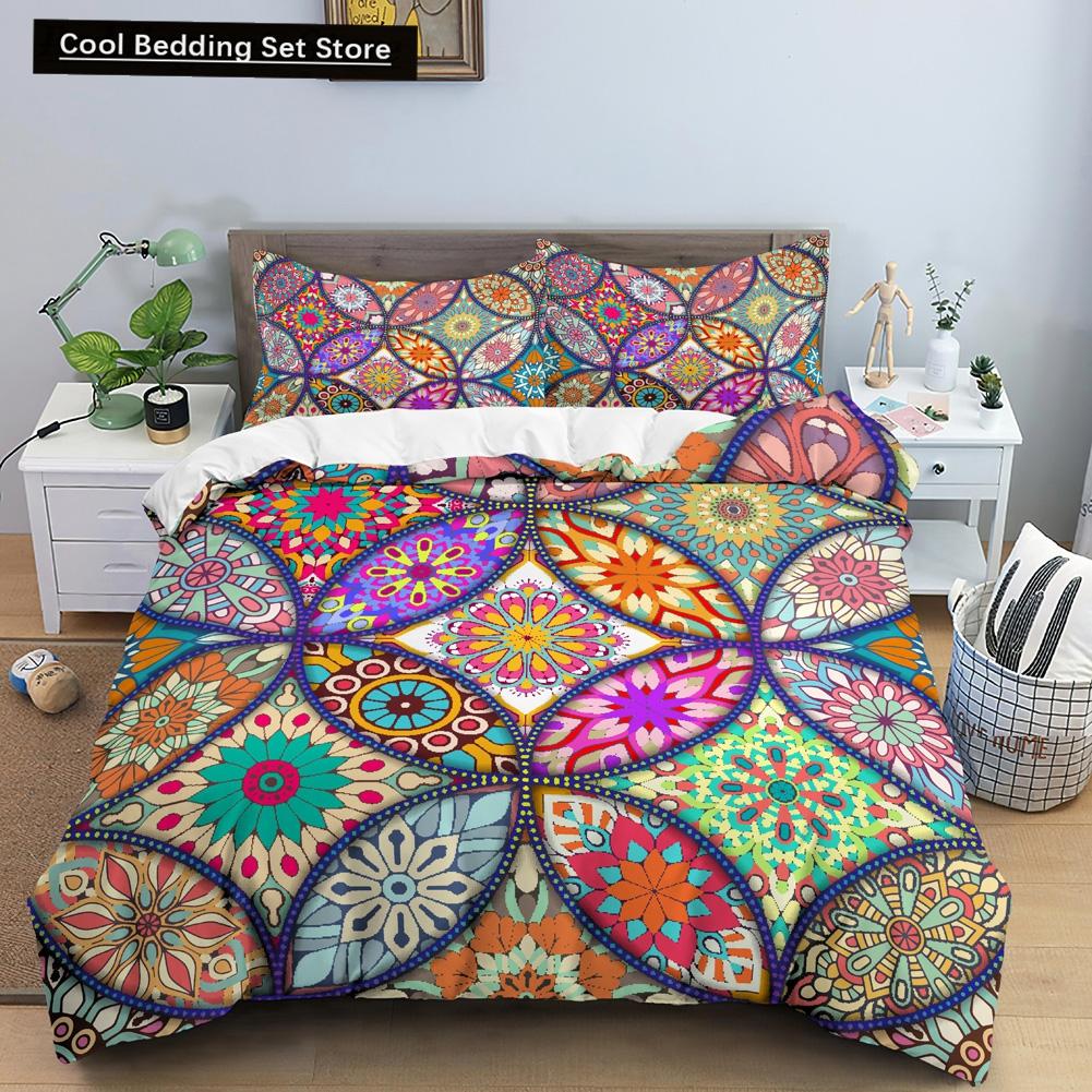 Geometric Mandala King Queen Duvet Cover Boho Ethnic Style Bedding Set for Teens Adults Mediterranean Soft Polyester Quilt Cover