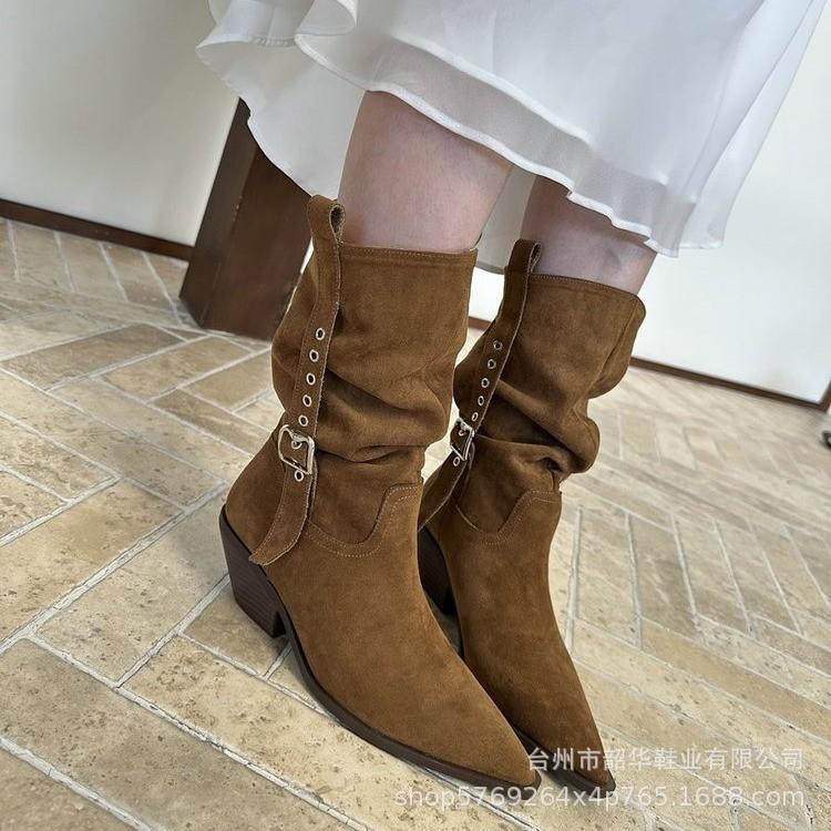 Women's Fashion 2025 Pointed Heel Coarse Heel Versatile Medium Boots Stacking Boots French Western Boots Casual Fashion Boots