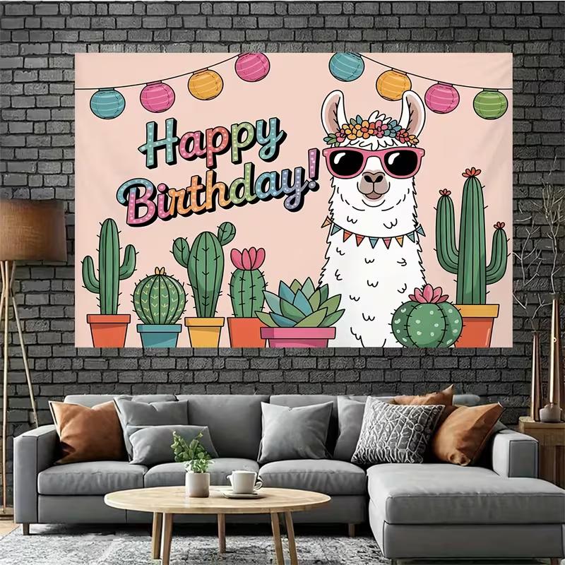 2D Cartoon Alpaca Happy Birthday Backdrop with Sunglasses & Cacti