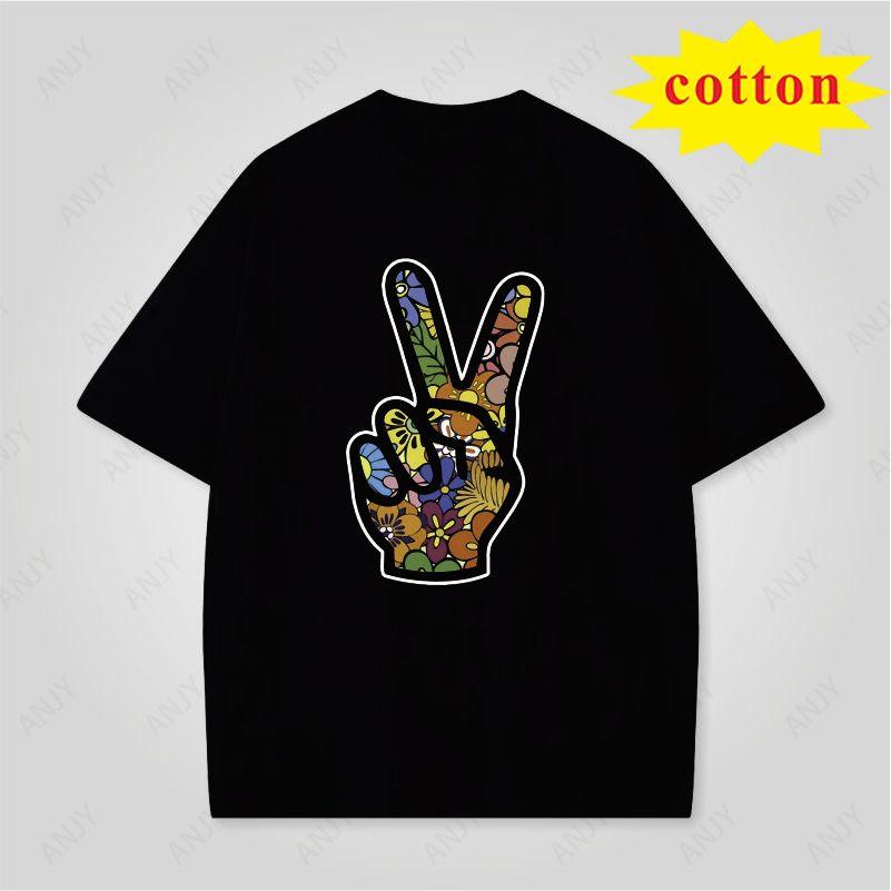 American Peace Gesture Printed Tshirt 4th Of July Independence Day Cotton Casual Round Neck Short Sleeve