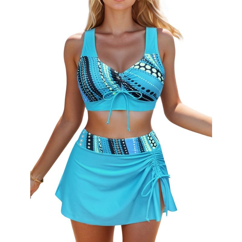 Women s Printed Drawstring Crop Top & Ruched Skirted Two-Piece Swimsuit S синий