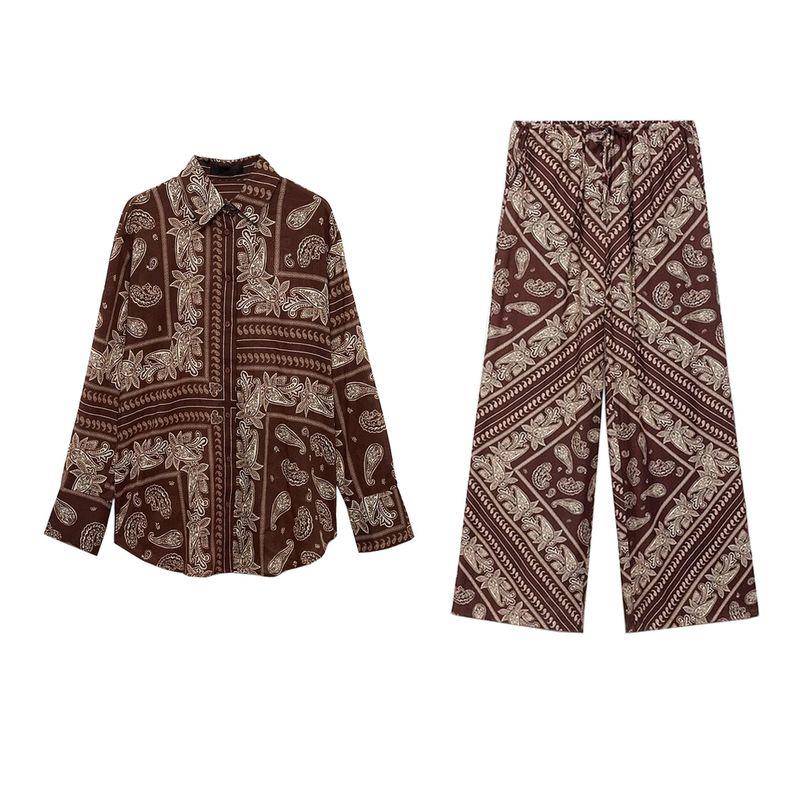 Cotton Straight-leg Loose Print Casual Shirt 87017183 Mid Waist Mop Wide Leg Pants 87027177