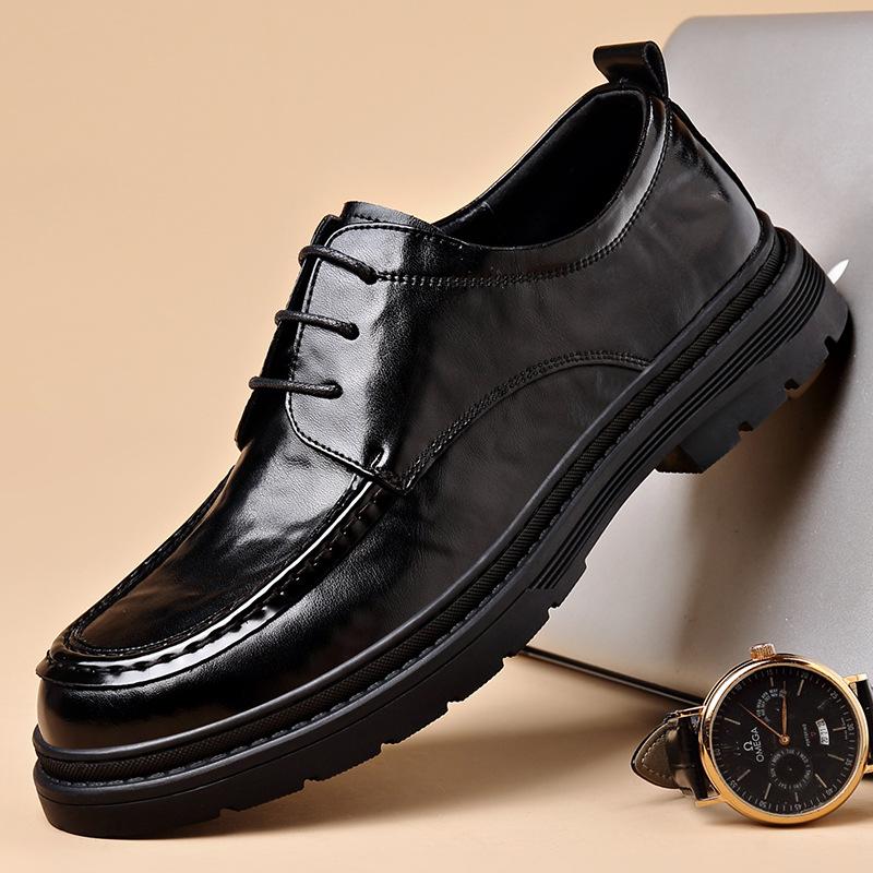 Factory leather shoes men's 2025 new casual leather breathable round head thick-soled soft leather soft-soled men's business English