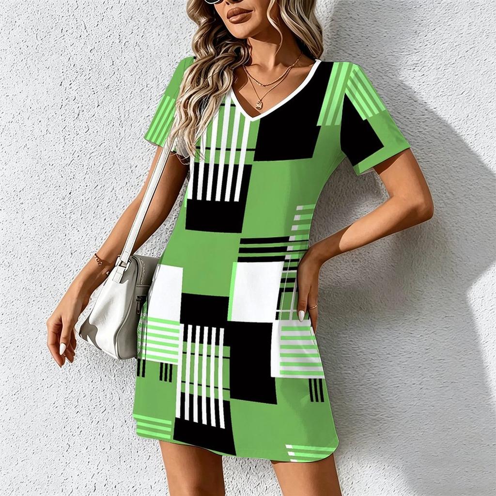 Mode d'été pour femmes Robe à col en V à manches courtes avec imprimé géométrique rétro Jupe courte sexy Robes