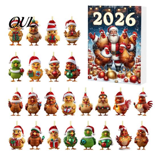 Christmas Tree Decor Chicken Advent Calendar 2026, 24 Days Countdown with 2D Flat Surprise Acrylic Ornament, Cartoon Hanging Pendant for Tree, Holiday