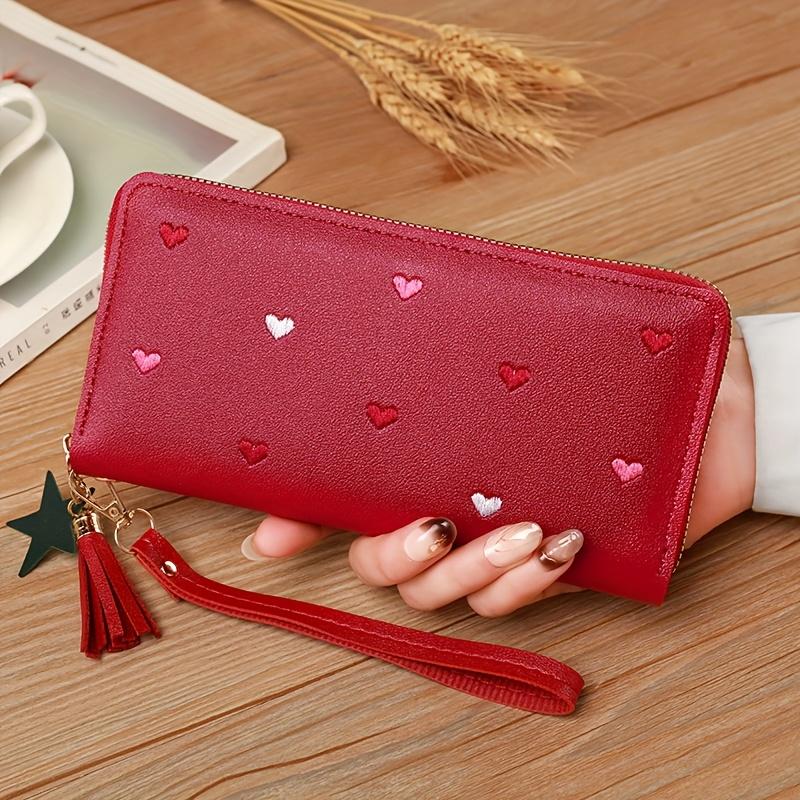 Heart Embroidery Print Large Capacity Women's Wallet with Wrist Strap Multiple Card Slots & Phone Pocket, Zipper Closure Handbag Valentine's Day