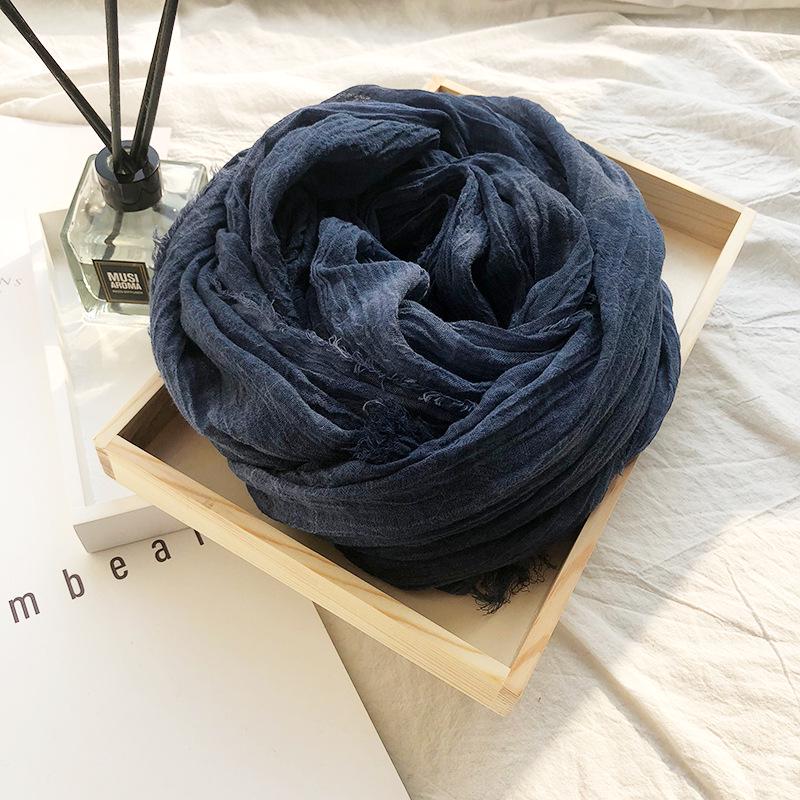 Vintage Crinkle Cotton Linen Scarf for Men Women Solid Color Autumn Winter Warm Pashmina Fringed Edge Soft Shawls and Wraps