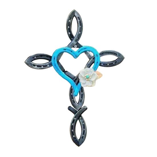 DYS Metal Horseshoe Heart Wall Cross Decor, Hanging Art, Decorative Cross, Rustic Spiritual Art Sculpture for Farmhouse Garden Yard Patio Fence