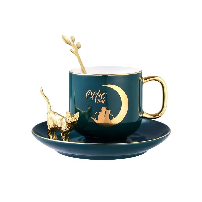 Luxury Green Gold Plated Leaf Ceramic Coffee Cup with Saucer Exquisite Afternoon Tea Dessert Cup Office Interior Mug Home Decor