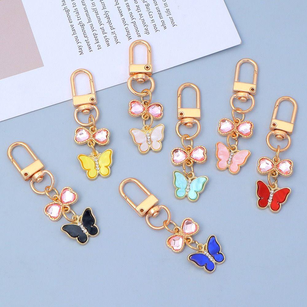 7PCS Ornaments Rhinestone Butterfly Keychain Pendant Key Ring Sweet Crystal Bow Key Chain  Bag Decor