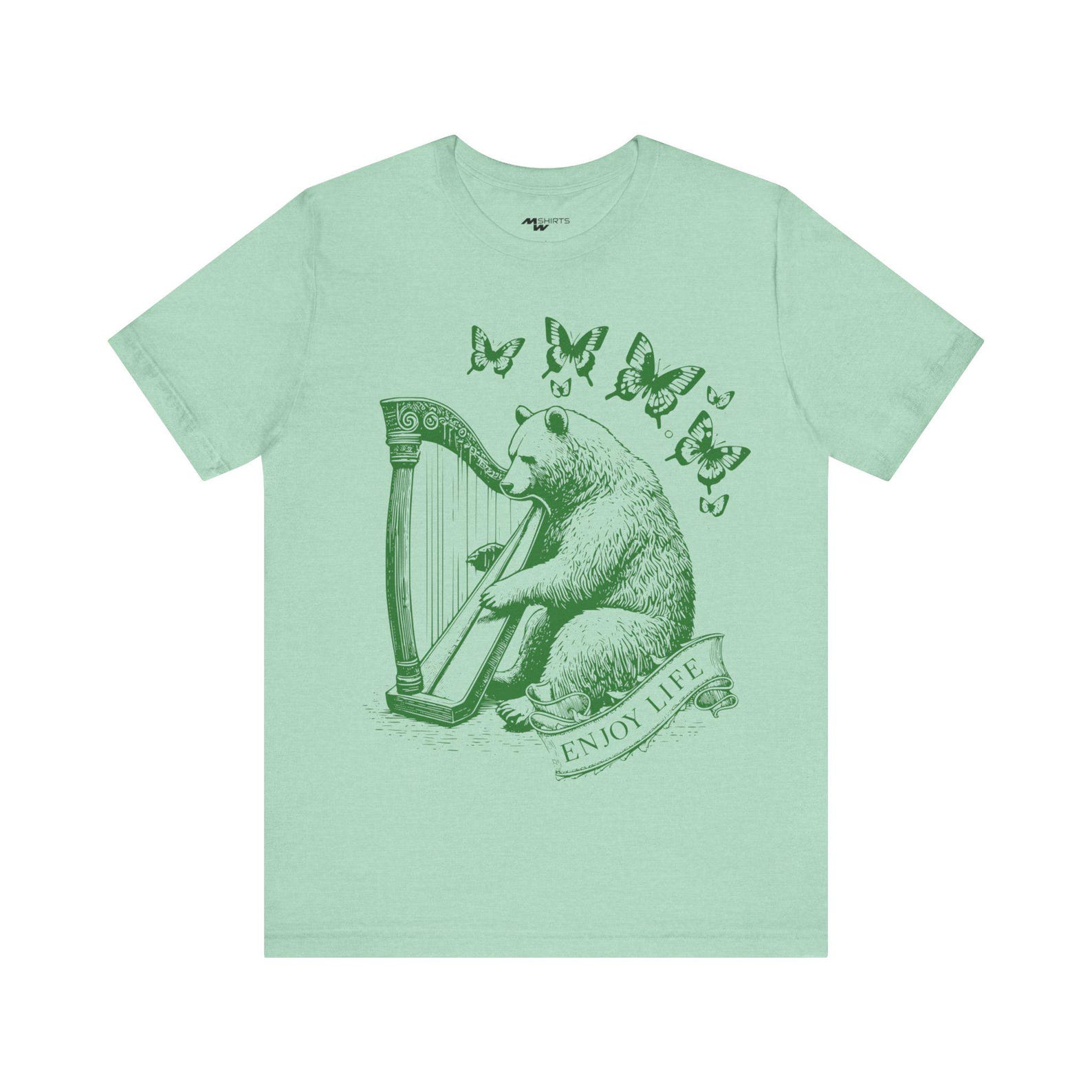 Bear Playing Harp T-Shirt: Engraving Style, Butterflies, Enjoy Life 2XL