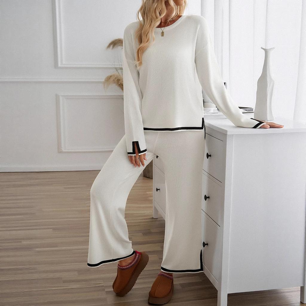 Women's Color Block Long Pants Round Neck Long Sleeve Loungewear Set
