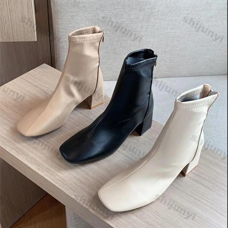Women's Fashion Chunky Ankle Boots Autumn New Fashion Pointed Toe Square Head Short Thick Zipper Comfortable Non-slip Goth Boots